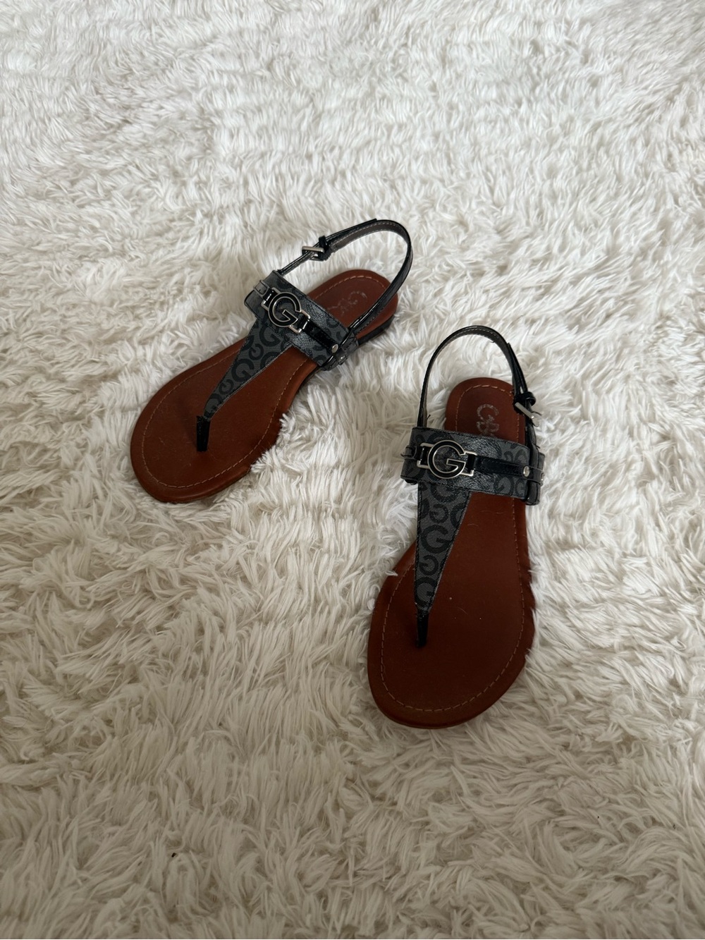 GUESS Monogram Logo T-Strap Slingback Sandals - Women’s Size 6.5